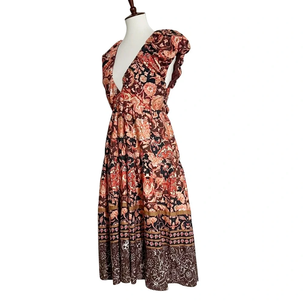 Anthropologie Printed V-Neck Babydoll Dress Size 4 Red Motif NEW‎